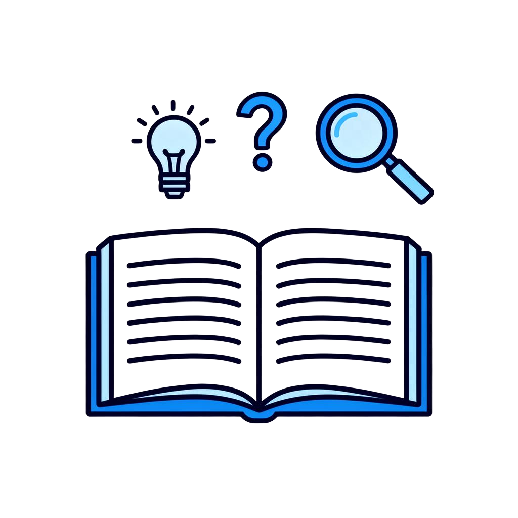 Libro abierto con iconos de pregunta, lupa y bombilla