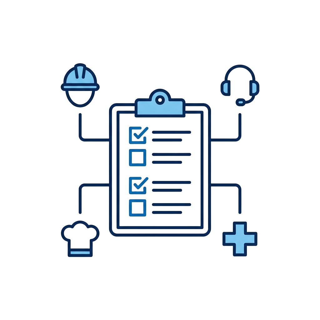 Plan formativo con checklist conectado a iconos de distintos puestos