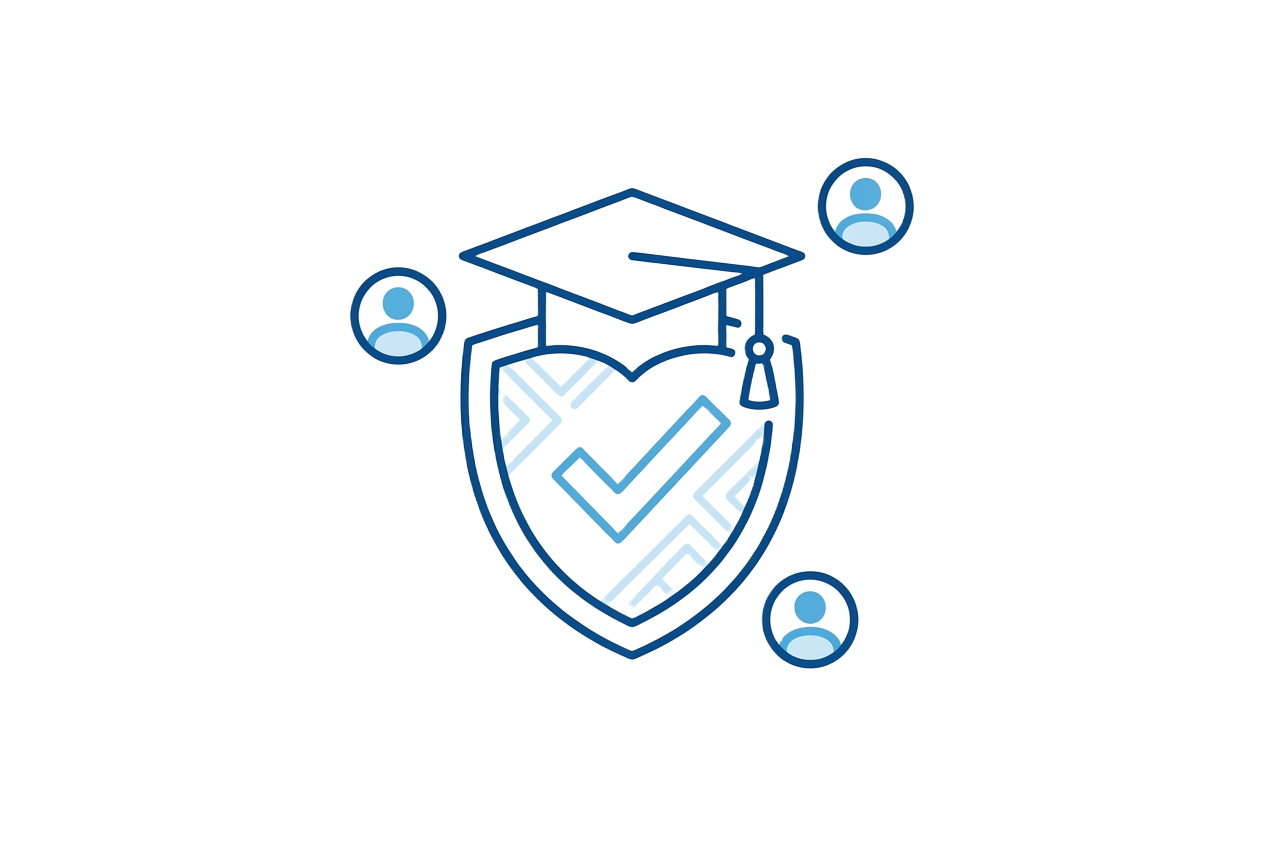 Diploma con escudo de verificación y alumnos certificados